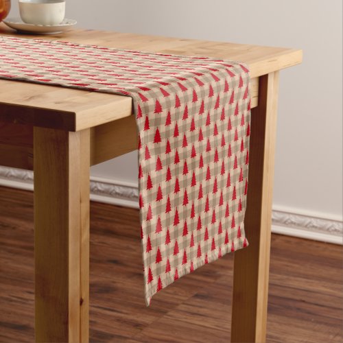 Red Tan Buffalo Plaid Red Christmas Trees Holiday Short Table Runner