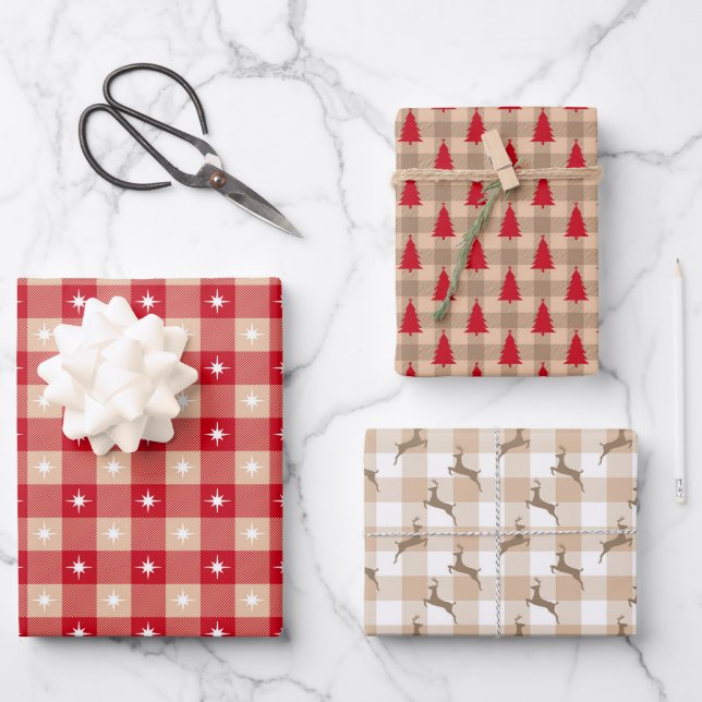 Red Tan Country Plaid Trees Christmas Holiday Wrapping Paper Sheets (Front)