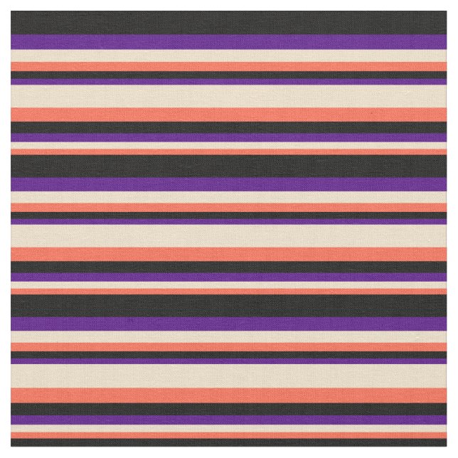 Red, Tan, Indigo & Black Colored Lines Fabric (Close Up)