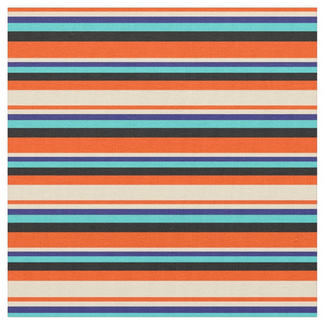 Red, Tan, Midnight Blue, Turquoise & Black Lines Fabric (Close Up)