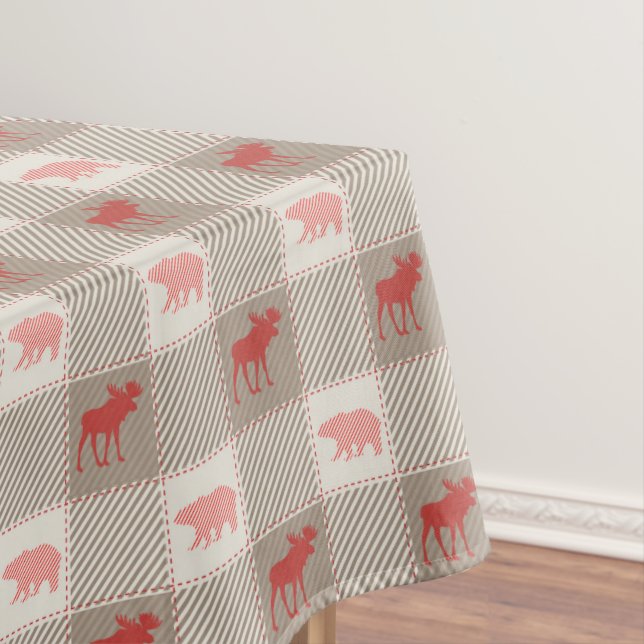 Red Tan Moose Bear Cabin Pattern Tablecloth (In Situ)