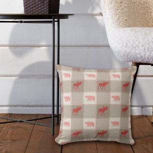 Red Tan Moose Bear Cabin Pattern Throw Pillow