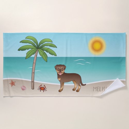 Red  Tan Rottweiler At A Tropical Summer Beach _ Beach Towel