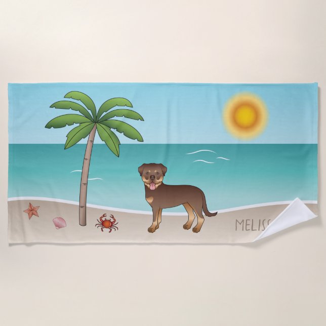 Red & Tan Rottweiler At A Tropical Summer Beach - Towel (Front)