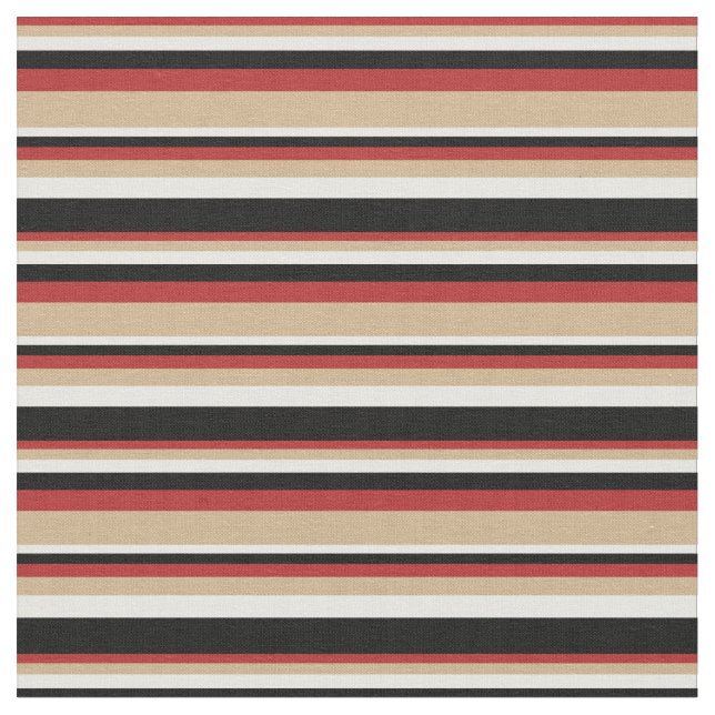 Red, Tan, White & Black Colored Lines Fabric (Close Up)