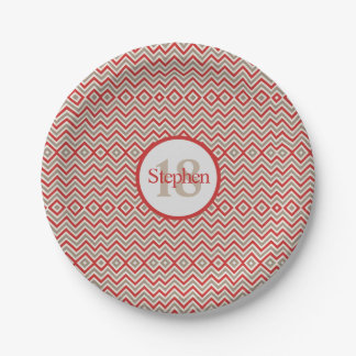 Red Tan White Chevron Birthday Party Paper Plate