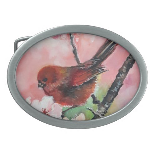 Red tanager bird on Cherry blossom   Belt Buckle