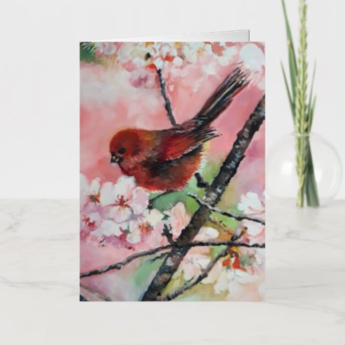 Red tanager bird on Cherry blossom  Foil Greeting Card