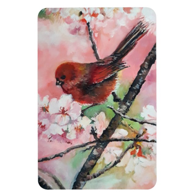 Red tanager bird on Cherry blossom   Magnet (Vertical)