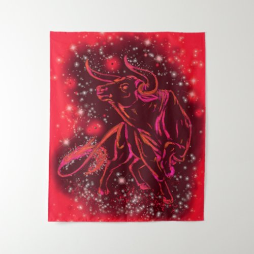 Red Tapestry Bull Running At Starry Night