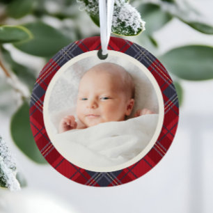 Red Tartan Babys First Christmas Photo Ceramic Ornament