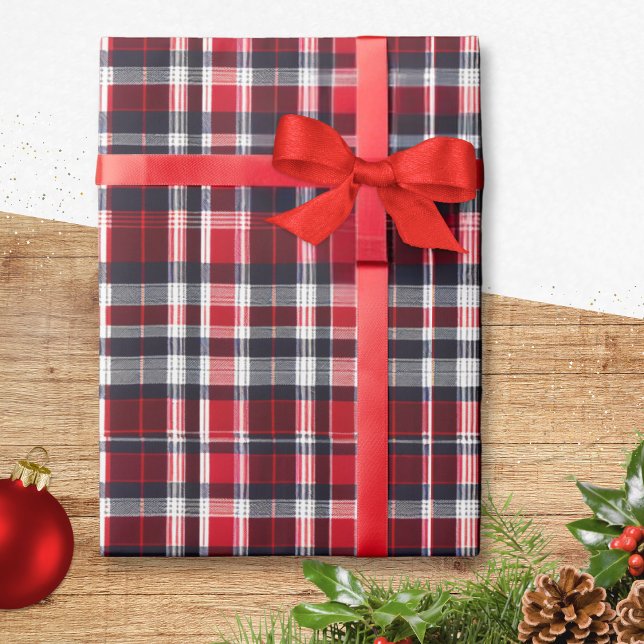 Red Tartan Check Plaid Patterned Stylish Christmas Wrapping Paper (Elegant gift wrapping paper with a tartan plaid pattern in red, white and blue-black)