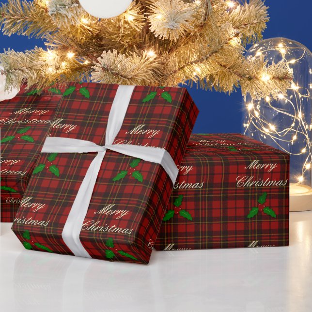 Red tartan Christmas plaid holidays Holly twig Wrapping Paper (Holidays)
