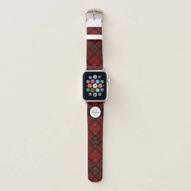 Red tartan Christmas plaid winter pattern Monogram Apple Watch Band (Front)