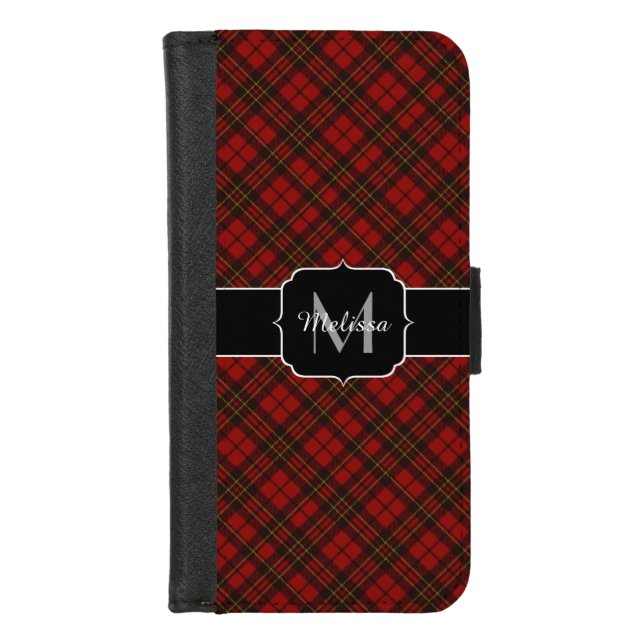 Red tartan Christmas plaid winter pattern Monogram iPhone Wallet Case (Front)