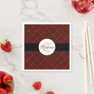 Red tartan Christmas plaid winter pattern Monogram Paper Napkins