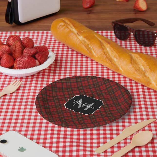 Red tartan Christmas plaid winter pattern Monogram Paper Plates (Picnic)