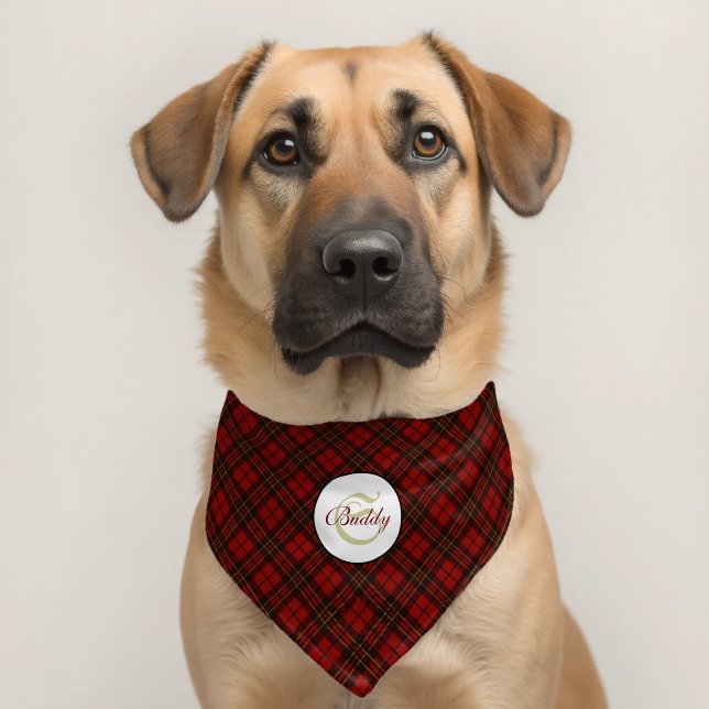 Red tartan Christmas plaid winter pattern Monogram Pet Bandana Collar (Dog 2)