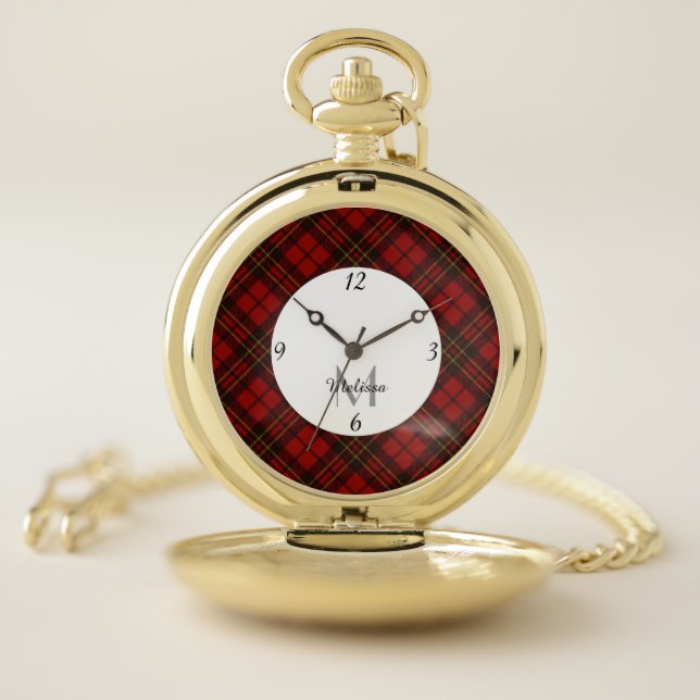 Red tartan Christmas plaid winter pattern Monogram Pocket Watch (Inside)