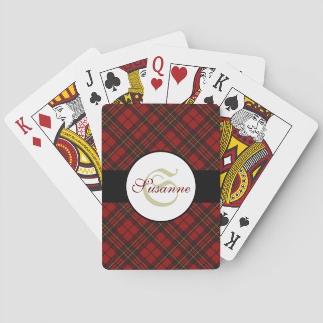 Red tartan Christmas plaid winter pattern Monogram Poker Cards (Back)