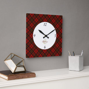 Red tartan Christmas plaid winter pattern Monogram Square Wall Clock