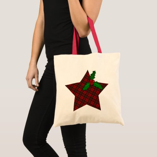 Red tartan Christmas plaid winter Star Holly twig Tote Bag