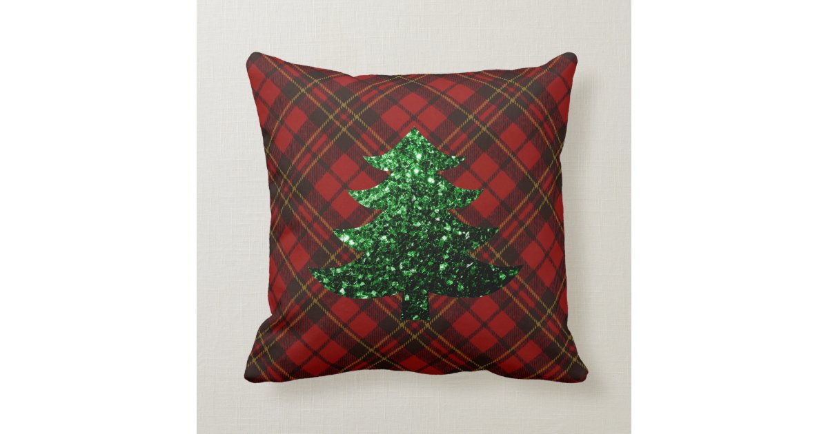 Red tartan Christmas tree green sparkles PLdesign Throw Pillow