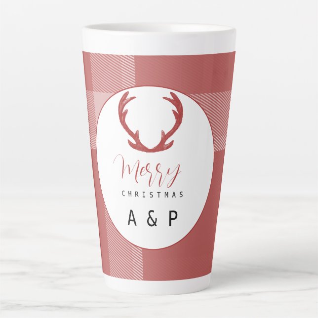 Red Tartan Deer Antlers Monogram Latte Mug (Front)