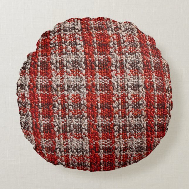 Red Tartan Fabric: Textured Background Round Pillow (Front)