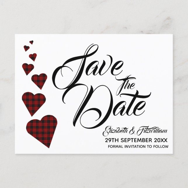 Red Tartan Heart Save the Date Postcard (Front)