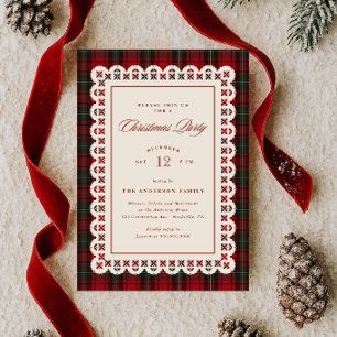 Red Tartan Lace Stitch Frame Christmas Party Invitation