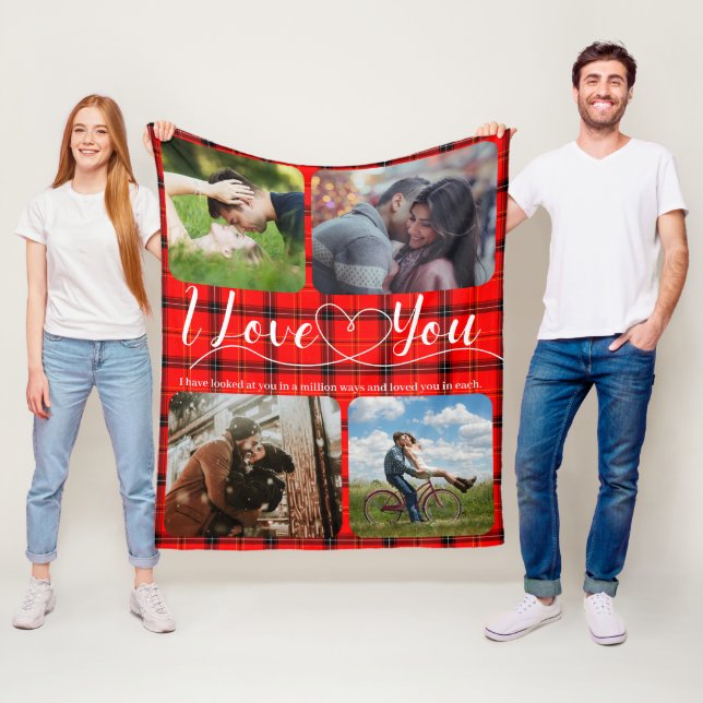 Red Tartan Love Couples Photo collage Fleece Blanket (In Situ)
