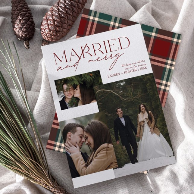 Red Tartan Married and Merry Newlywed Photo Holiday Card (Creator Uploaded)
