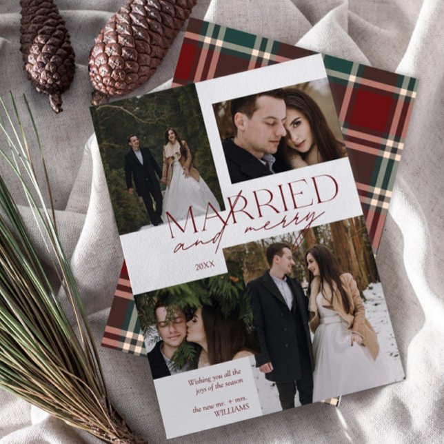 Red Tartan Married & Merry Modern Photo Newlywed Holiday Card (Creator Uploaded)