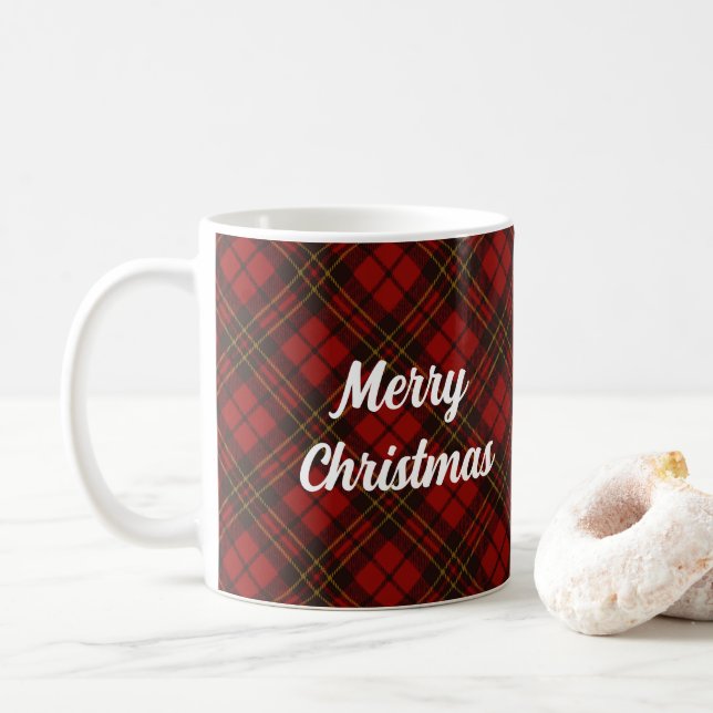 Red tartan Merry Christmas holidays Custom text Coffee Mug (With Donut)