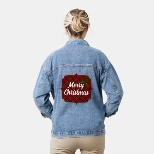 Red tartan Merry Christmas holly twig Custom text Denim Jacket