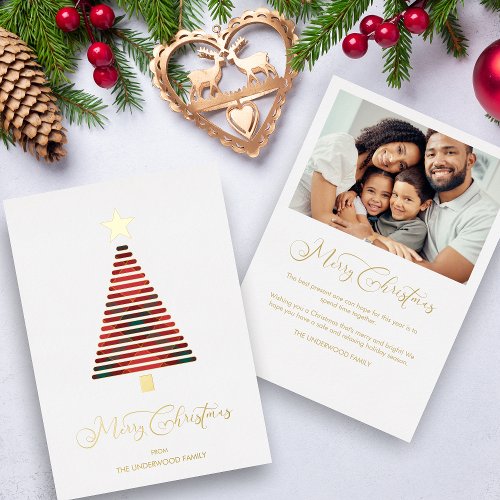 Red Tartan Modern Christmas Tree Star Photo Family Foil Holiday Card