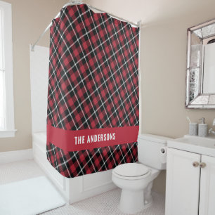 Red tartan modern rustic personalized shower curtain