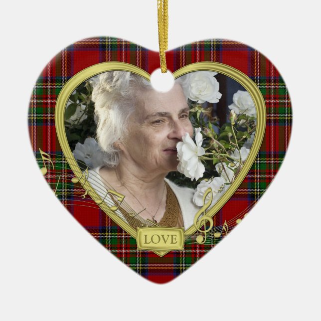 Red Tartan Music Memorial Heart Photo Christmas Ceramic Ornament (Front)
