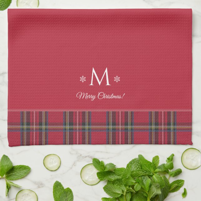 Red Tartan Personalized Monogram Christmas Kitchen Towel (Folded)