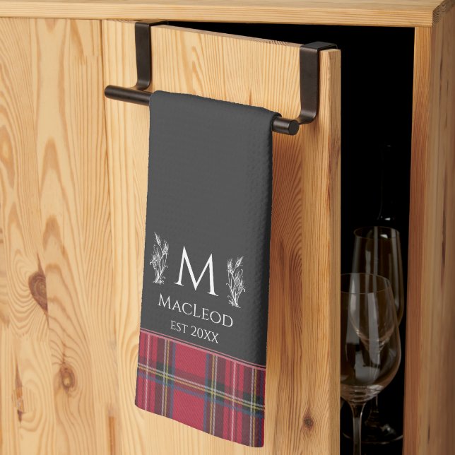 Red Tartan Personalized Monogram UK British Black Kitchen Towel (Thirds Fold)
