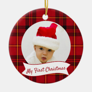 Red Tartan Plaid Baby's First Christmas Photo  Ceramic Ornament