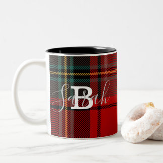 Red Tartan Plaid Checkered Scotland Monogram Name Two-Tone Coffee Mug