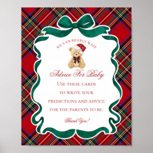 Red Tartan Plaid Christmas Bear Advice for Baby Poster