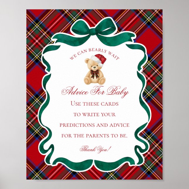 Red Tartan Plaid Christmas Bear Advice for Baby Poster (Front)