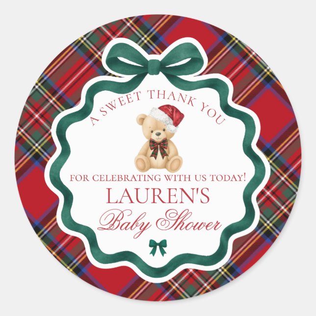 Red Tartan Plaid Christmas Bear Baby Shower Favor Classic Round Sticker (Front)