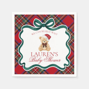Red Tartan Plaid Christmas Bear Baby Shower Napkins
