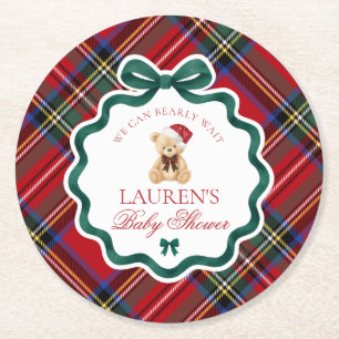 Red Tartan Plaid Christmas Bear Baby Shower Round Paper Coaster
