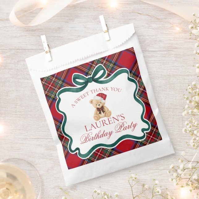 Red Tartan Plaid Christmas Bear Birthday Dessert Favor Bag (Clipped)