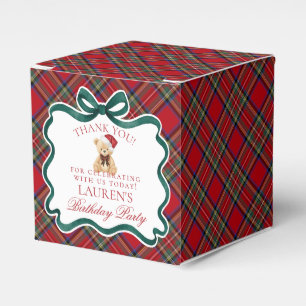 Red Tartan Plaid Christmas Bear Birthday Favor Box